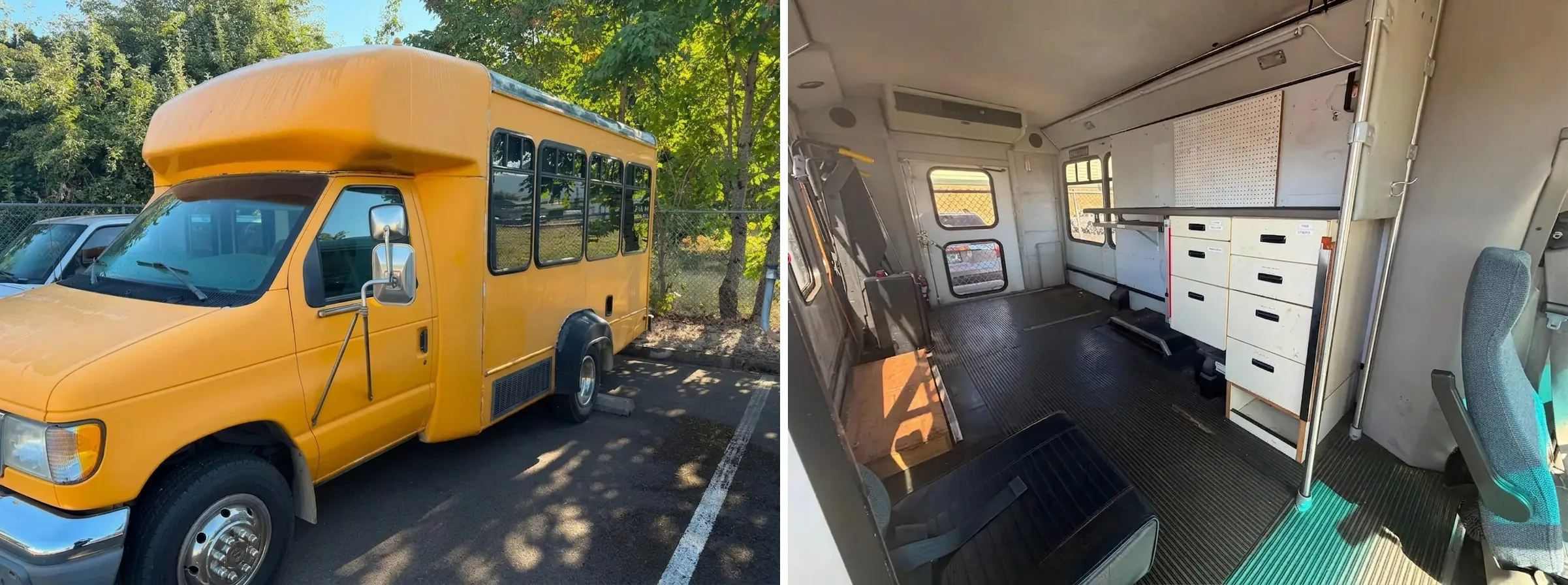 Left: a yellow 2000 Ford Econoline short bus parked outside. Right: the stripped interior, with a workbench, drawer units, pegboard, and remaining passenger seats